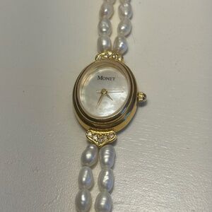 Vintage Monet Women’s Gold Tone Watch w/ Faux Pearl Accents – Not Working